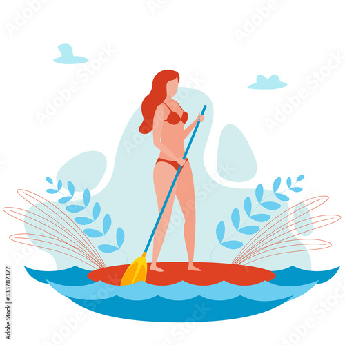 Young Woman on SUP Board Cartoon Vector Character. Beautiful Girl Standing on Paddleboard, Floating. Sportswoman Exercising, Doing Water Sport. Sea Resort Extreme Entertainment and Adventure