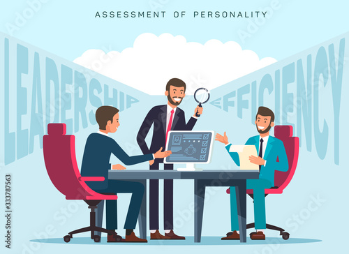 Workers Efficiency Assessment Flat Banner Template. HR Experts Evaluating Employees Leadership Skills. Cartoon Recruiter Testing Candidates Individual Traits, Characteristics in Personal Profile