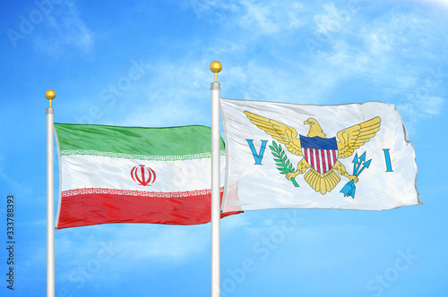 Iran and Virgin Islands United States two flags on flagpoles and blue cloudy sky photo