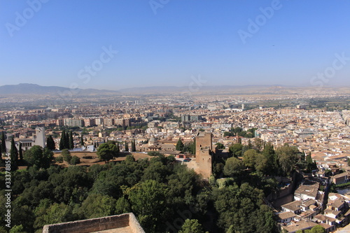 Aerial view of the Albaicin city taken from Watch Tower (Torre de la Vela) of the historical Alhambra Palace complex in Granada, Andalusia, Spain.