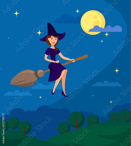 Young Witch Flying to Coven Flat Illustration. Smiling Woman in Spooky Outfit with Hat Cartoon Character. Halloween Celebration, October Holiday. Night Landscape with Forest and Full moon