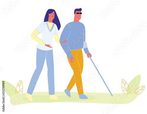 Woman Nurse Assisting Blind Man Vector Illustration. Blindness Person Walk with Cane. Vision Loss, Visual Impairment, Handicap Care, Help, Training, Support. Medical Rehabilitation Center