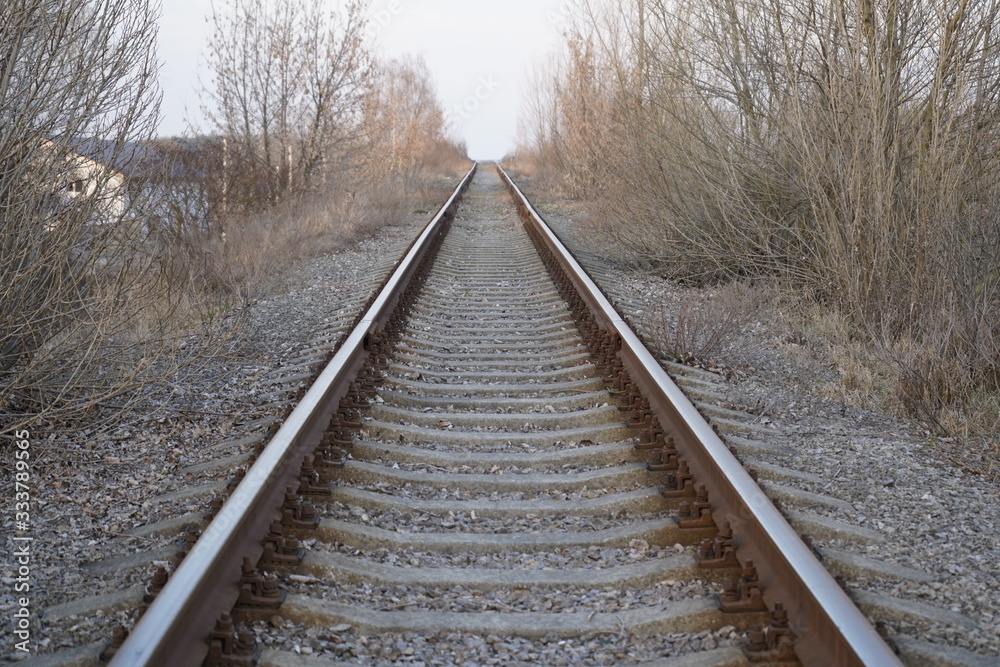 Fototapeta premium Railroad track, rails and railway sleepers.