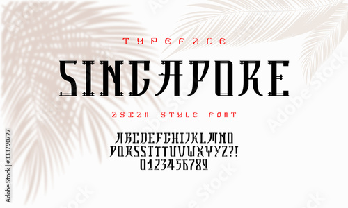 Hand Drawn hieroglyph inspired typeface. Handwritten brush font. Japanese style Typeface. Retro ABC. Asian Alphabet. English letters and numbers design. Vector Illustration.