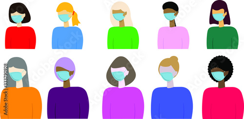 A woman is wearing a medical mask during a coronavirus epidemic. Set of 10 masked women.