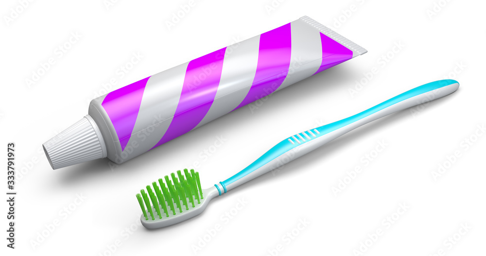 Paste tube and toothbrush. No trademarks. 3D Illustration.