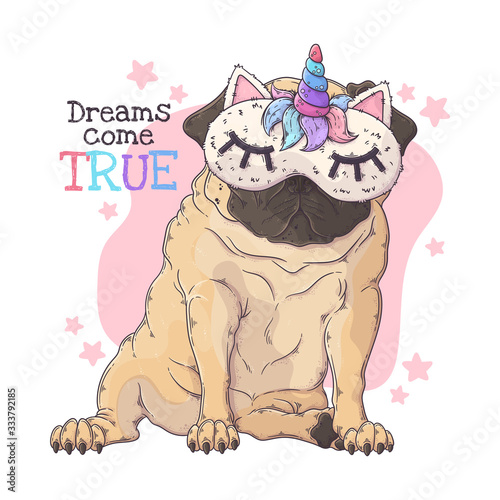 Hand drawn portrait of the funny pug dog in a night mask Vector.