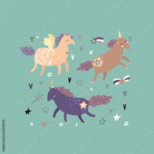 Set of cute fairy unicorns. Magic elements kids collection. Vector illustration for sticker  postcard  birthday invitation.
