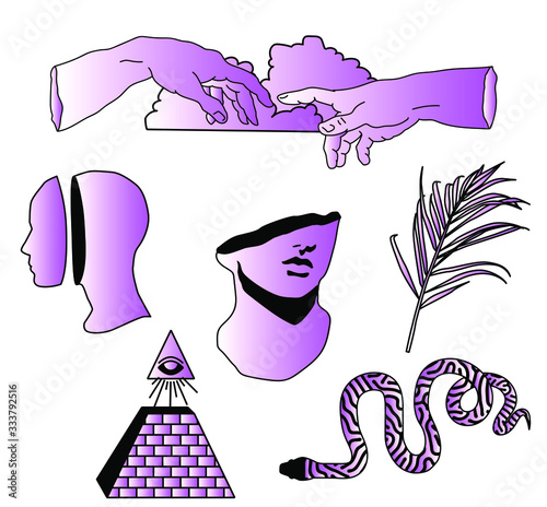 Set of pins, stickers and fashion badges in simple line art tattoo style. The eye of providence, marble sculpture, palm leaves, snake and magic crystals.