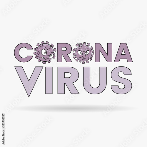 Coronavirus Cartoon Heads and Purple Upper Case Letters with Black Outlines