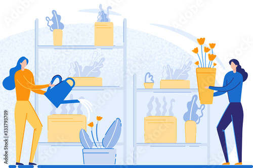 Women Working in Greenhouse, Care of Garden Plants. Girls with Water Can in Orangery Interior with Different Flowers on Shelves. Place for Grow Herbs and Flowers Grow. Cartoon Flat Vector Illustration