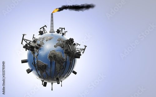 Fototapeta Naklejka Na Ścianę i Meble -  The concept of planet pollution with the oil industry from which oil flows and pollutes the environment, pipes with smoke and a drop of oil. Ecological catastrophy. Natural resources. 3D rendering.