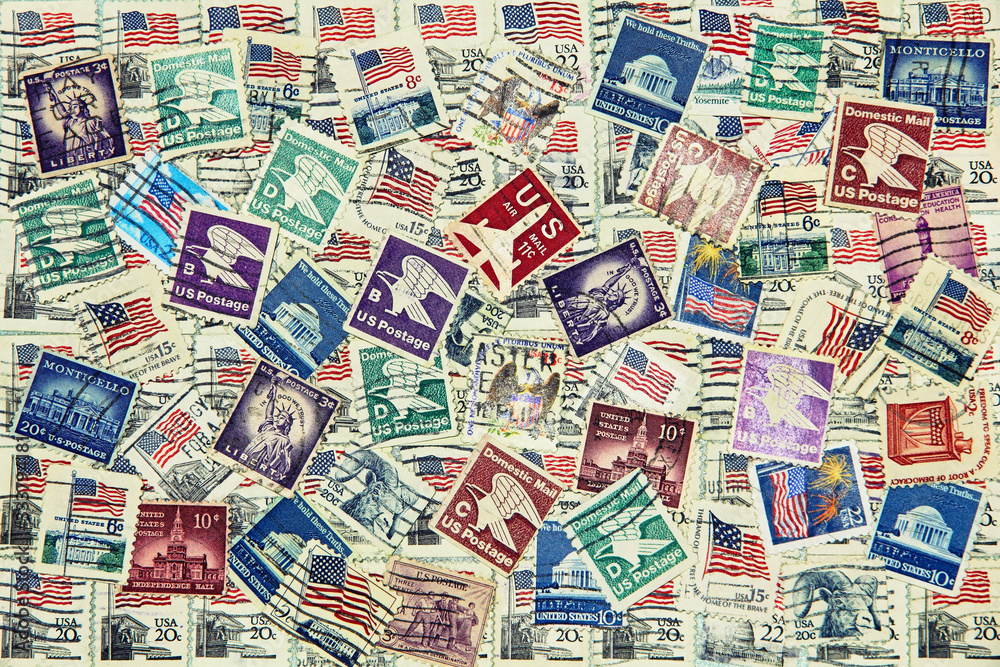 Set of various USA postage stamps as background. - obrazy, fototapety, plakaty 