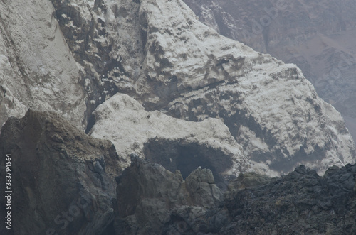 Sea cliffs covered with guano, seabird droppings.