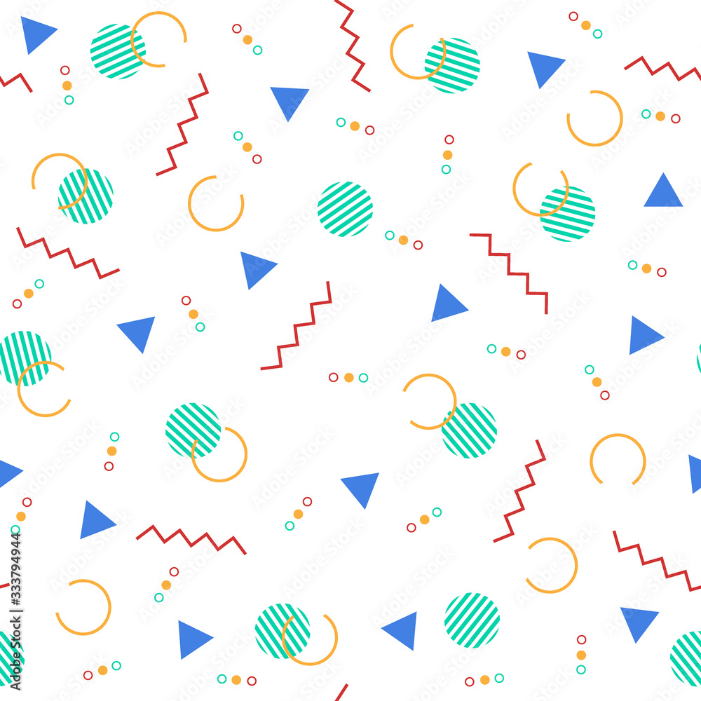 Abstract geometric background with different geometric shapes - triangles, circles, dots, lines. Memphis style on white background. Bright and colorful, 90s style. Vector seamless pattern. Abstract geometric background with different geometric shapes - triangles, circles, dots, lines. Memphis style on white background. Bright and colorful, 90s style. Vector seamless pattern.