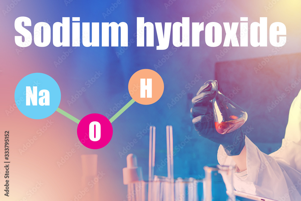 Sodium hydroxide. Formula NaOH next to a chemist. NaOH on the