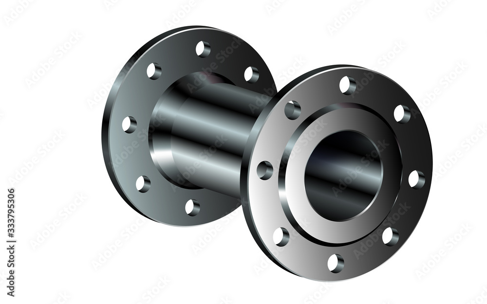 A realistic metal pipe with a two flanges, completely new isolated on white background. Vector illustration. A realistic metal pipe with a two flanges, completely new isolated on white background. Vector illustration.