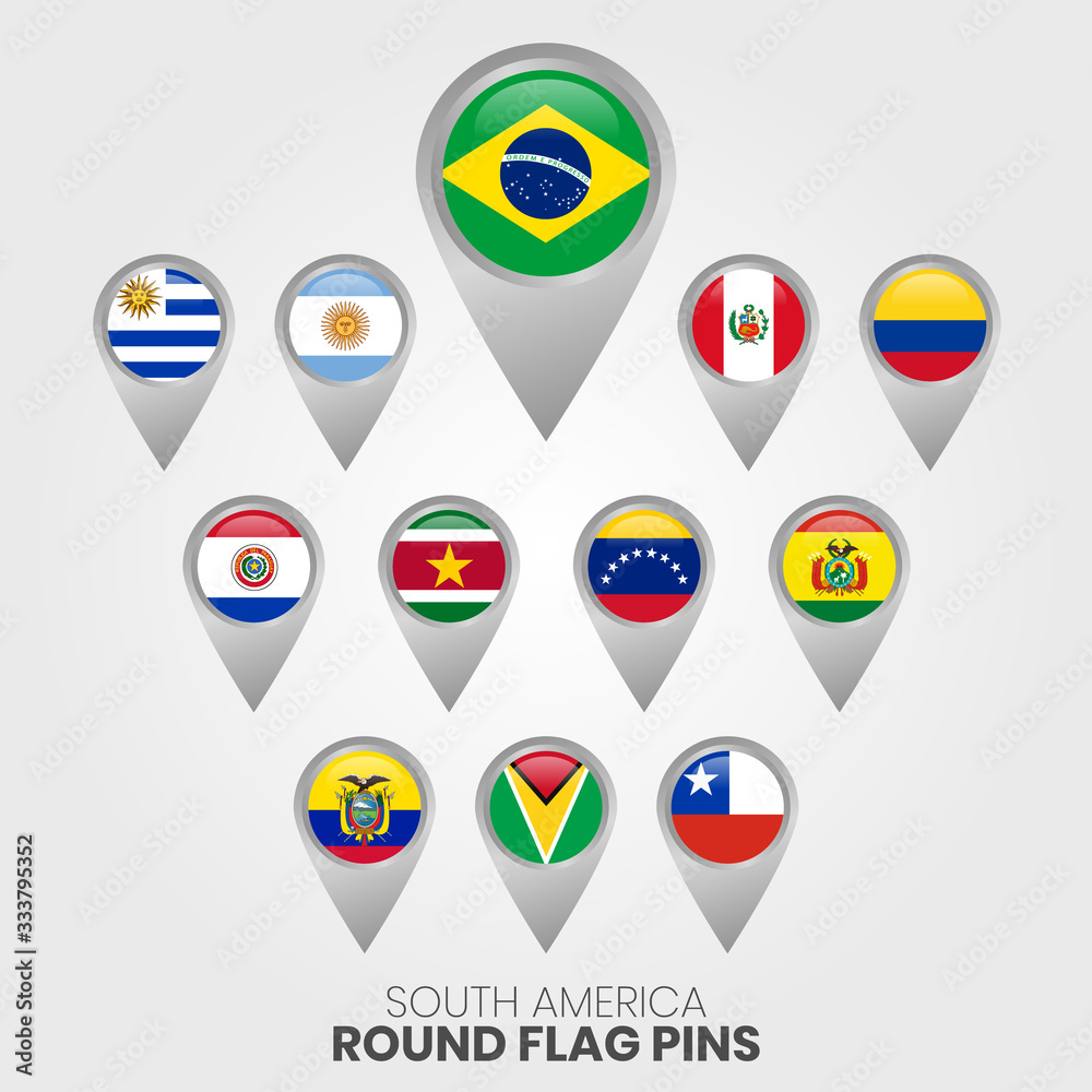 South America Flags With Map Pointers South America Flags With Map Pointers