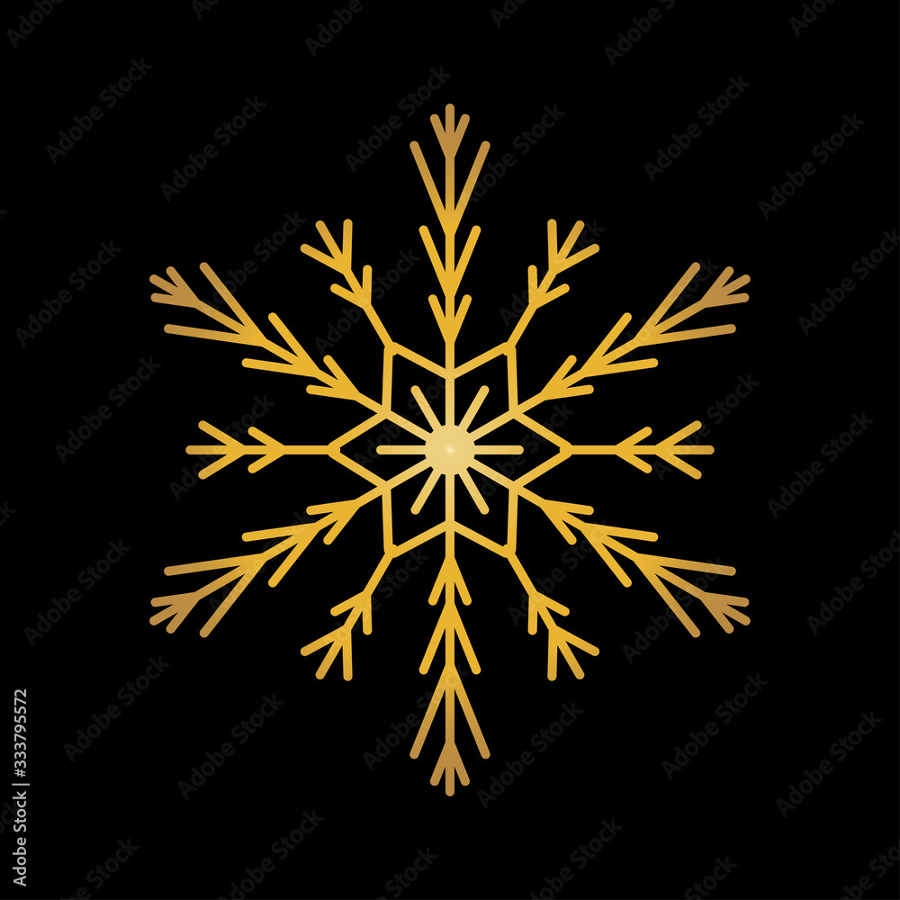 Gold snowflake isolated on black background. Flat snow icon silhouette. New year theme.Vector illustration Gold snowflake isolated on black background. Flat snow icon silhouette. New year theme.Vector illustration