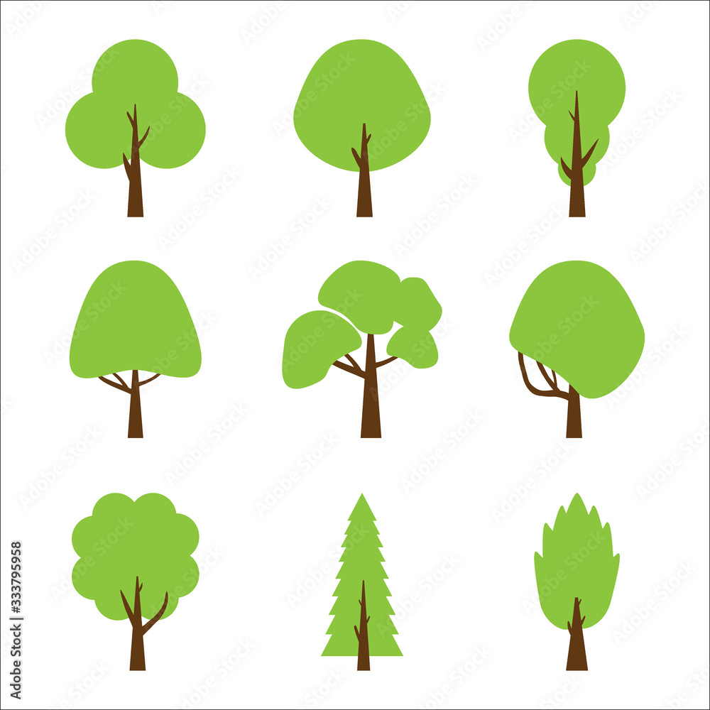 Fototapeta premium Kolekcja płaskich drzew. Zestaw izolowanych ikon drzew leśnych. Ilustracji wektorowych
