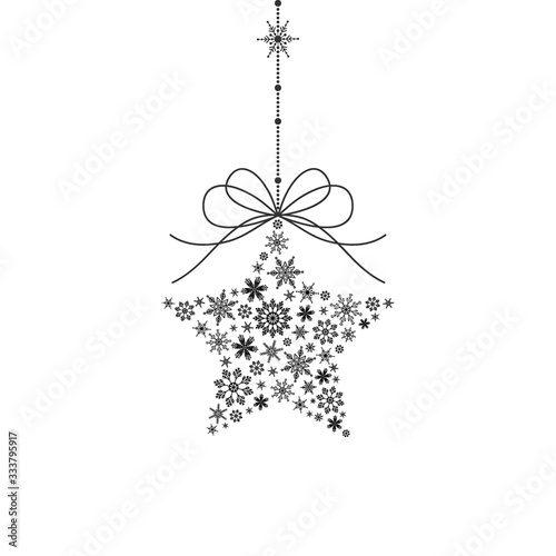 Black hanging star made from snowflakes with bow on white background. New year theme. Vector illustration