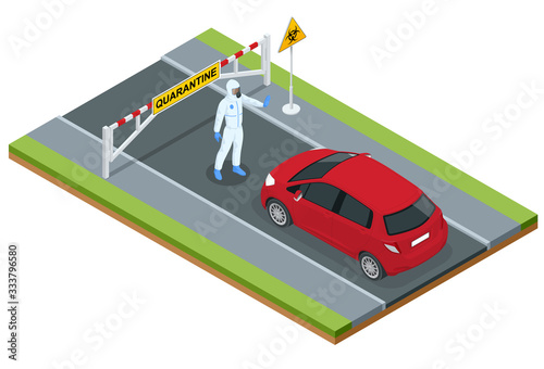 Isometric street of city under quarantine. Coronavirus - staying and working at home. Closed borders policeman blocking road Pandemic prevention.