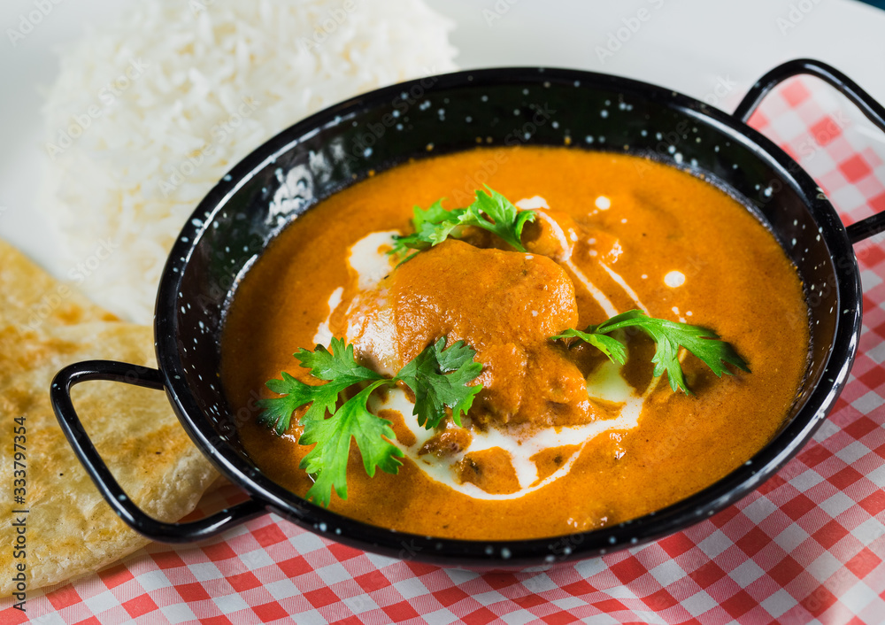 Indian meal with curry and biryani.