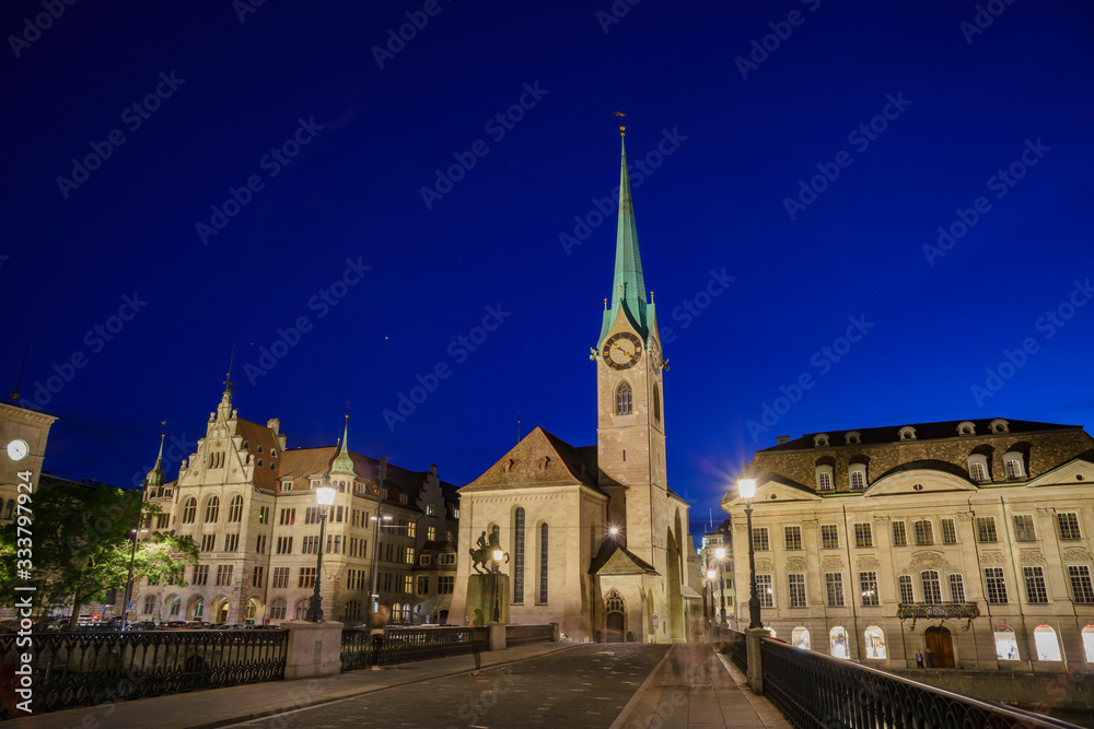 Night cityscape of Women's Minster, Zurich