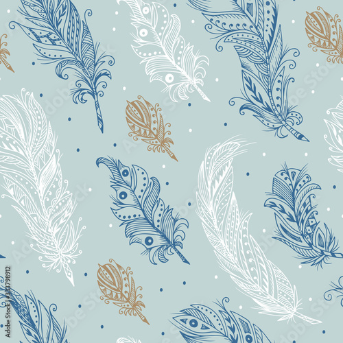 Ethnic feathers Seamless Pattern. Hand Drawn Tribal Feathers. Decorative feather.