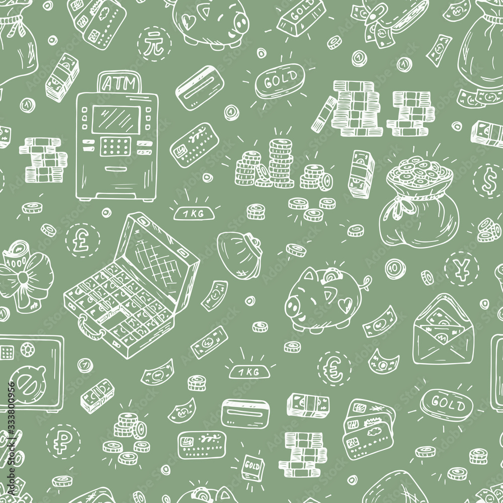 Financial and Business symbols. Hand drawn Doodles Money - Vector Seamless pattern