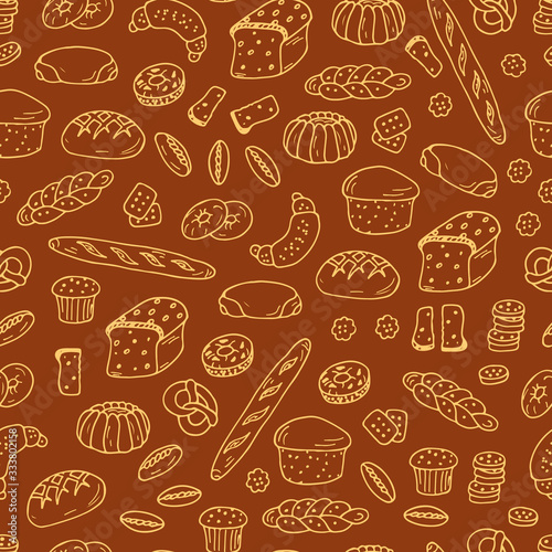 Bread products. Hand drawn Doodles Bakery - Vector Seamless pattern