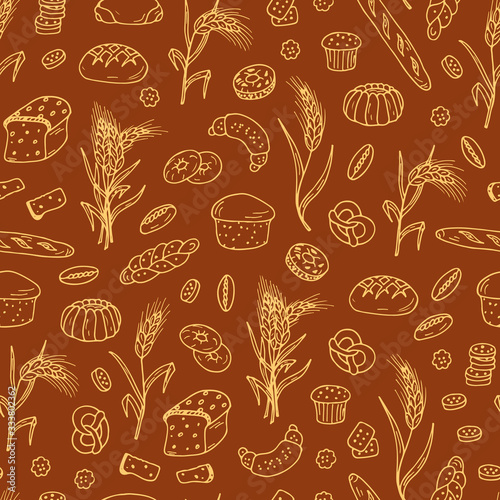 Bread products. Hand drawn Doodles Bakery and Wheat ears - Vector Seamless pattern