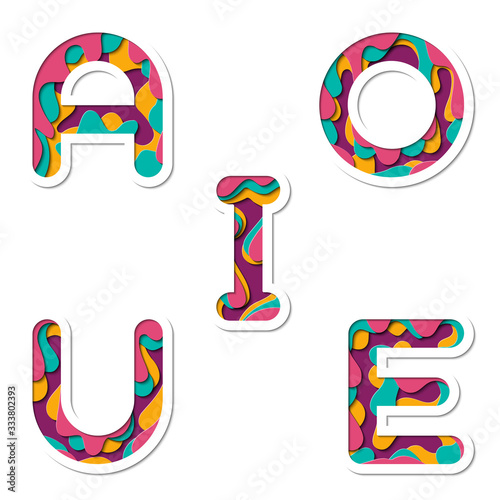 Paper cut vowel set. Realistic 3D multi layers papercut effect isolated on white background. photo