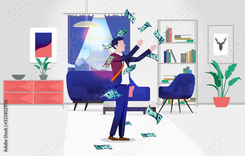 Rich man at home in living room. Throwing money in the air, interior and window in background. Earn money from home and profits concept. Vector illustration.