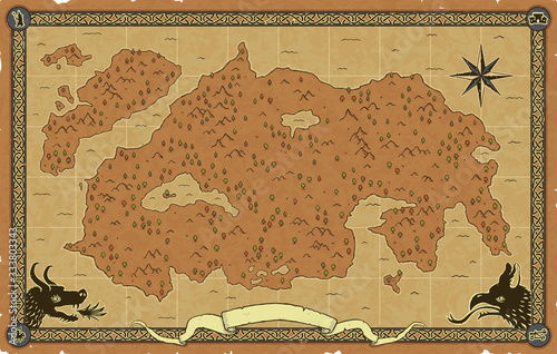 Large vector fantasy map with trees, mountains, a compass rose, an ornate frame with icons (magician, catapult, mounted knight, castle), a scroll banner, a dragon head and a chimera head.