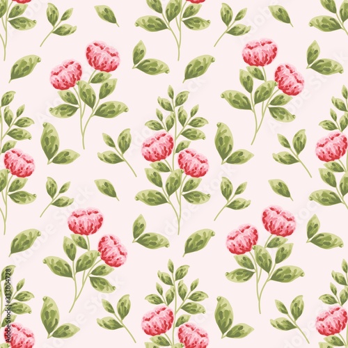 Beautiful summer and spring peony flower bud seamless pattern. Creative flower and leaf elements for fabric, textile, paper wrappers, greeting card, garden party invitation, romantic events.
