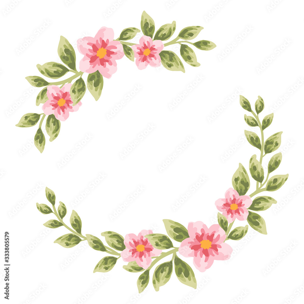 Beautiful and vintage hand drawn dog-rose flower wreath element. Pink dog-rose flower and green leaf arrangement for wedding invitation or greeting card 