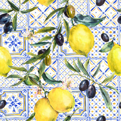 Papier peint photo Fruits aquarelle patrons Citrons branches olivier aquarelle méditerranéenne  © depiano
