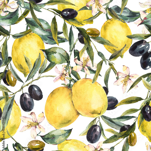 Watercolor lemon and olive branches seamless pattern