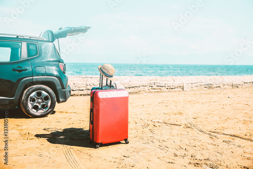 summer car on beach and sea landscape 