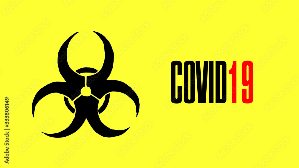 Hand drawn black bio-hazard symbol, against a yellow background with the word Covid-19. Coronavirus or panic. Hand drawn black bio-hazard symbol, against a yellow background with the word Covid-19. Coronavirus or panic.