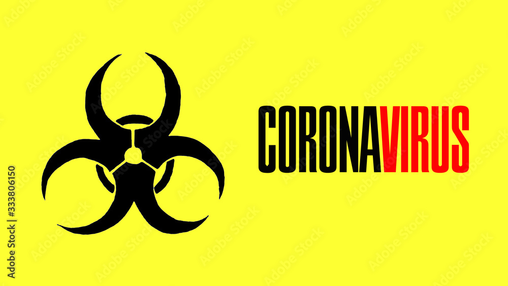 Hand drawn black bio-hazard symbol, against a yellow background with the word Coronavirus. Covid-19. Hand drawn black bio-hazard symbol, against a yellow background with the word Coronavirus. Covid-19.