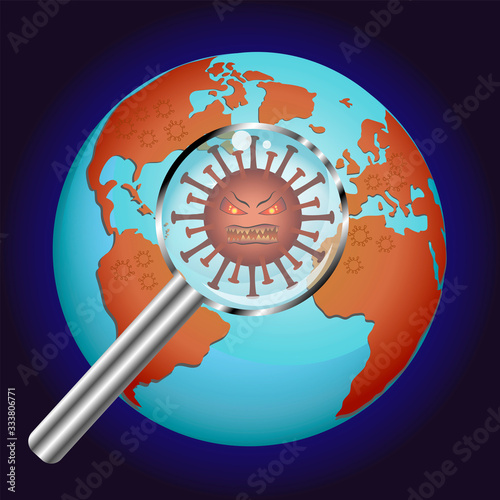 Corona virus and magnifier on earth. Globe in space