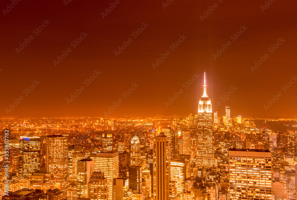 Night view of New York Manhattan during sunset