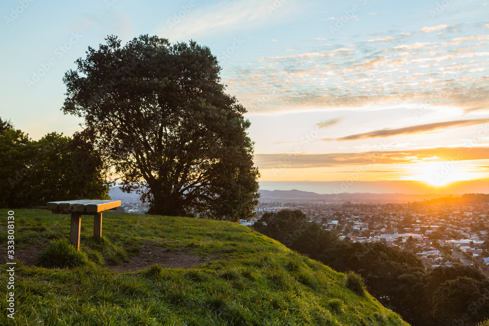 Obraz premium ニュージーランド オークランドのビッグ・キング保護区からの街並みと夕日
