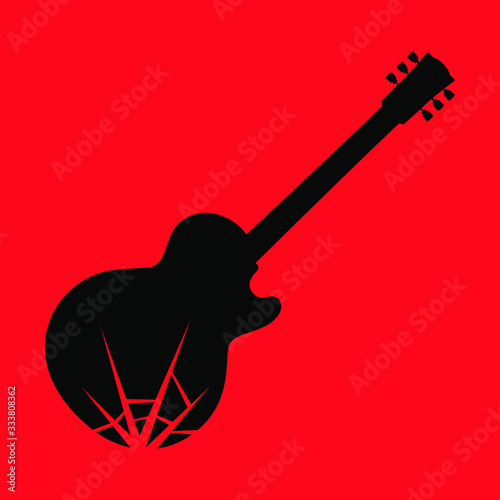 Smashing broken electric guitar symbol on red backdrop. Design element 