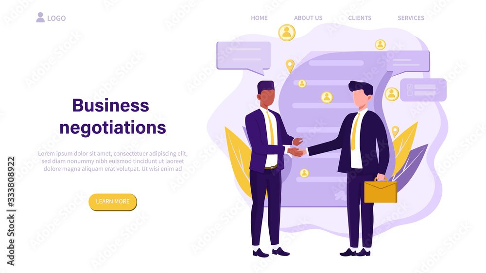 Illustrated business negotiation concept with men shaking hands.