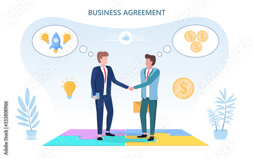 Illustrated business agreement concept showing men shaking hands and their thoughts. Vector illustration