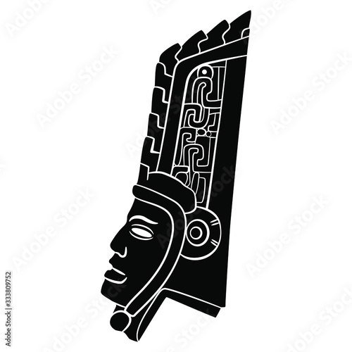 Isolated vector illustration. Stylized human head in profile. Pre Columbian Mexican art. Totonac Indians. Native American culture. Black and white silhouette. photo