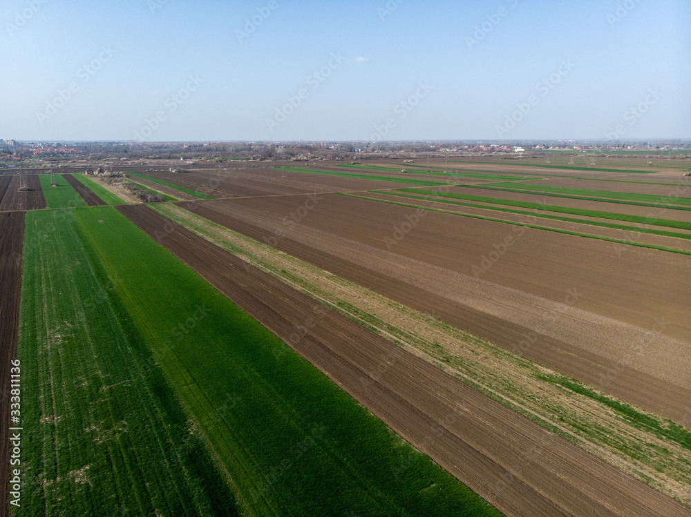 Aerial view from drone of agriculture fields ready for seeding